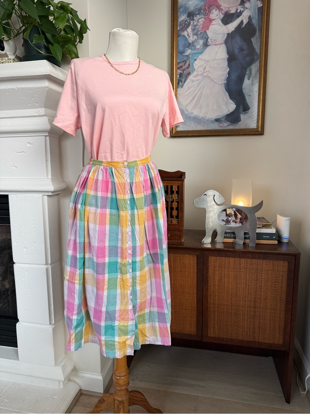 Vintage 70’s Pastel Plaid Button-Front Midi Skirt